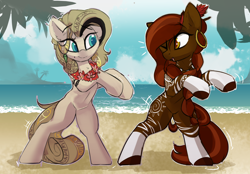 Size: 4302x3002 | Tagged: safe, artist:beardie, imported from derpibooru, oc, oc only, oc:hyra glyph, oc:teuila, earth pony, okapi, beach, cute, dancing, dark skin, duo, ear piercing, earring, flower, jewelry, ocean, one eye closed, palm tree, piercing, smiling, tattoo, tree, water, wink