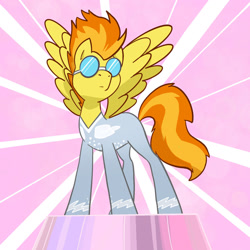 Size: 1280x1280 | Tagged: safe, artist:pfeffaroo, imported from derpibooru, spitfire, pegasus, pony, bodysuit, clothes, equestria games, goggles, pedestal, solo, spread wings, wings