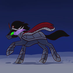 Size: 1280x1280 | Tagged: safe, artist:pfeffaroo, imported from derpibooru, king sombra, pony, unicorn, armor, cloak, clothes, curved horn, glowing eyes, horn, running, snow, solo