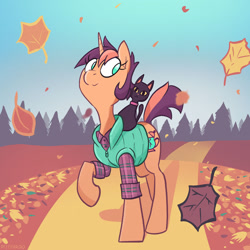 Size: 1280x1280 | Tagged: safe, artist:pfeffaroo, imported from derpibooru, oc, oc only, oc:kettle chip, cat, pony, unicorn, autumn, clothes, forest, leaves, shirt, smiling, solo, vest