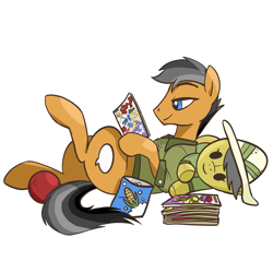 Size: 2075x2075 | Tagged: safe, artist:pfeffaroo, imported from derpibooru, daring do, quibble pants, earth pony, pony, comic book, food, high res, lidded eyes, plushie, popcorn, reading, smiling, solo