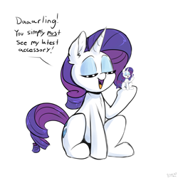 Size: 2000x2000 | Tagged: safe, artist:skoon, edit, imported from derpibooru, rarity, pony, unicorn, darling, dialogue, droste effect, exploitable meme, female, high res, holding a pony, mare, meme, rarity's latest accessory, recursion, self ponidox, simple background, sketch, solo