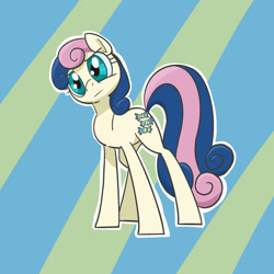 Size: 1280x1280 | Tagged: safe, artist:pfeffaroo, imported from derpibooru, bon bon, sweetie drops, earth pony, pony, bon bon is not amused, female, head tilt, mare, solo, striped background, unamused