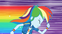 Size: 3410x1920 | Tagged: safe, imported from derpibooru, screencap, rainbow dash, equestria girls, equestria girls series, holidays unwrapped, spoiler:eqg series (season 2), clothes, cutie mark, cutie mark on clothes, dashing through the mall, eyes closed, female, geode of super speed, hoodie, jewelry, magical geodes, necklace, rainbow trail, running, solo