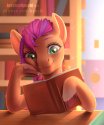 Size: 2500x3000 | Tagged: safe, artist:jessicanyuchi, imported from derpibooru, sunny starscout, earth pony, pony, spoiler:g5, book, bookshelf, fanart, female, g5, high res, library, mare, reading, smiling, solo, table, text, unshorn fetlocks, watermark
