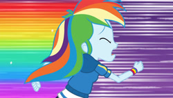 Size: 3410x1920 | Tagged: safe, imported from derpibooru, screencap, rainbow dash, equestria girls, equestria girls series, holidays unwrapped, spoiler:eqg series (season 2), clothes, dashing through the mall, eyes closed, female, hoodie, open mouth, rainbow trail, running, solo