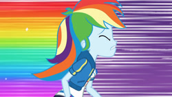 Size: 3410x1920 | Tagged: safe, imported from derpibooru, screencap, rainbow dash, equestria girls, equestria girls series, holidays unwrapped, spoiler:eqg series (season 2), breasts, clothes, cutie mark, cutie mark on clothes, dashing through the mall, eyes closed, female, geode of super speed, high res, hoodie, jewelry, magical geodes, necklace, rainbow trail, running, solo