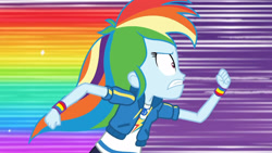 Size: 3410x1920 | Tagged: safe, imported from derpibooru, screencap, rainbow dash, equestria girls, equestria girls series, holidays unwrapped, spoiler:eqg series (season 2), clothes, cutie mark, cutie mark on clothes, dashing through the mall, female, geode of super speed, hoodie, jewelry, magical geodes, necklace, rainbow dash is best facemaker, rainbow trail, running, solo