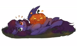 Size: 2048x1217 | Tagged: safe, artist:sofiko-ko, imported from derpibooru, oc, oc only, oc:pestyskillengton, pegasus, pony, chest fluff, floppy ears, halloween, heart, heterochromia, holiday, jack-o-lantern, looking at you, lying down, on back, pumpkin, simple background, solo, spread wings, surprised, white background, wings