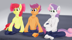 Size: 1920x1080 | Tagged: safe, artist:rockhoppr3, imported from derpibooru, apple bloom, scootaloo, sweetie belle, anthro, earth pony, pegasus, semi-anthro, unguligrade anthro, unicorn, arm hooves, chest fluff, clothes, couch, cutie mark crusaders, pajamas, pants, partial nudity, topless, trio, unshorn fetlocks