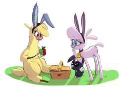 Size: 1344x948 | Tagged: safe, artist:hitsuji, imported from derpibooru, paprika paca, pom lamb, alpaca, dog, sheep, them's fightin' herds, apple, basket, bell, bell collar, bunny ears, cloven hooves, collar, community related, easter, female, food, group, holiday, painting, paprika (tfh), picnic basket, pom (tfh)