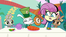 Size: 1920x1080 | Tagged: safe, imported from derpibooru, screencap, angel bunny, fluttershy, pegasus, pony, rabbit, my little pony: pony life, spoiler:pony life s02e06, alice in wonderland, animal, carrot, clothes, food, g4.5, herbivore, mad hatter, pony life, the tiara of truth