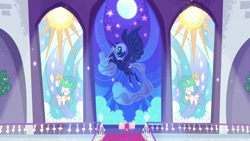 Size: 1920x1080 | Tagged: safe, imported from derpibooru, screencap, nightmare moon, princess celestia, alicorn, pony, my little pony: pony life, spoiler:pony life s02e13, g4.5, magical mare-story tour, pony life, stained glass