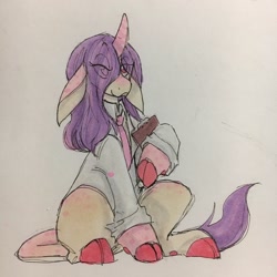 Size: 2048x2048 | Tagged: safe, artist:wicpers, imported from derpibooru, oc, oc only, oc:primrose, unicorn, doctor, high res, male, purple mane, sitting, solo, traditional art