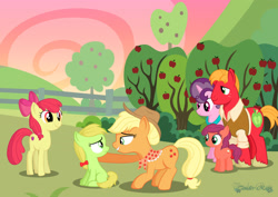 Size: 1280x906 | Tagged: safe, artist:tenderrain-art, imported from derpibooru, apple bloom, applejack, big macintosh, sugar belle, oc, oc:apple cream, oc:green star, earth pony, pony, apple, apple tree, aunt, female, filly, male, mare, offspring, older, parent:big macintosh, parent:sugar belle, parents:sugarmac, stallion, teenage apple bloom, teenager, tree