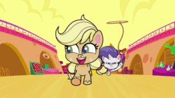Size: 800x450 | Tagged: safe, imported from derpibooru, screencap, applejack, rarity, earth pony, pony, unicorn, my little pony: pony life, spoiler:pony life s02e10, animated, breaking the fourth wall, cowboy hat, female, freckles, g4.5, gif, happlejack, hat, hatless, lasso, looking at you, looking back, mare, missing accessory, out of context, pony life, rope, running, smiling, smirk, the great cowgirl hat robbery