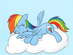 Size: 1000x750 | Tagged: safe, artist:m.w., imported from derpibooru, rainbow dash, pegasus, pony, blue background, cloud, eyes closed, floppy ears, grooming, on a cloud, preening, simple background, solo