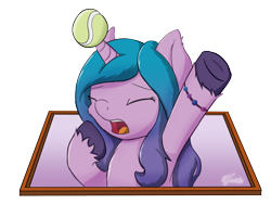 Size: 2048x1536 | Tagged: safe, artist:icy wings, imported from derpibooru, izzy moonbow, pony, unicorn, ball, bracelet, eyes closed, female, g5, horn, horn impalement, hornball, izzy's tennis ball, jewelry, mare, open mouth, simple background, solo, stretching, tennis ball, transparent background, unshorn fetlocks, yawn