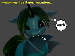 Size: 1244x935 | Tagged: safe, artist:inheat, imported from derpibooru, oc, alicorn, pony, 3d, bat wings, biting, blood, daz studio, fangs, gray background, green hair, green skin, grooming, pain, pony hybrid, preening, simple background, wings