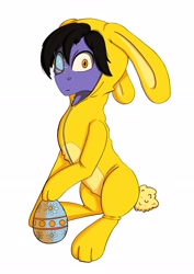 Size: 2480x3508 | Tagged: safe, artist:ardilya, imported from derpibooru, oc, oc only, oc:nightshade, earth pony, pony, animal costume, bunny costume, clothes, commission, costume, digital art, easter, easter bunny, easter egg, high res, holiday, looking at you, simple background, solo, ych result, your character here