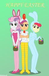 Size: 2500x3800 | Tagged: safe, artist:robukun, imported from derpibooru, apple bloom, scootaloo, sweetie belle, human, equestria girls, animal costume, bunny costume, bunny suit, chicken suit, clothes, costume, crossed arms, cutie mark crusaders, easter, female, frown, gradient background, grin, high res, holiday, scootachicken, scootaloo is not amused, shadow, signature, smiling, trio, trio female, unamused