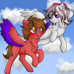 Size: 900x900 | Tagged: safe, artist:splashofsweet, imported from derpibooru, oc, oc only, pegasus, pony, chest fluff, cloud, colored wings, colored wingtips, flying, glasses, smiling, spread wings, wings