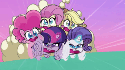 Size: 800x450 | Tagged: safe, imported from derpibooru, screencap, applejack, fluttershy, pinkie pie, rarity, twilight sparkle, alicorn, earth pony, pegasus, pony, unicorn, my little pony: pony life, spoiler:pony life s02e08, animated, bubble trouble, dust cloud, excited, female, g4.5, gif, glowing horn, gotta go fast, horn, magic glow, mare, pony life, prepare for ramming speed, running, speed lines, twilight sparkle (alicorn), wheel o feet, yelling