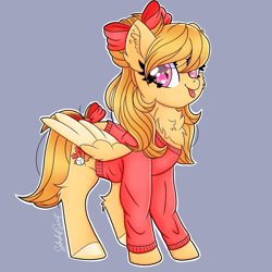 Size: 900x900 | Tagged: safe, artist:splashofsweet, imported from derpibooru, oc, oc only, pegasus, pony, bow, chest fluff, clothes, hair bow, looking at you, raspberry, smiling, solo, spread wings, sweater, tail bow, tongue out, wings