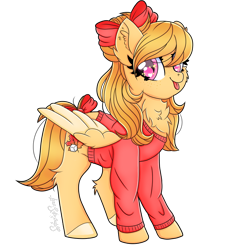 Size: 900x900 | Tagged: safe, alternate version, artist:splashofsweet, imported from derpibooru, oc, oc only, pegasus, pony, bow, chest fluff, clothes, hair bow, looking at you, raspberry, simple background, smiling, solo, spread wings, sweater, tail bow, tongue out, transparent background, wings