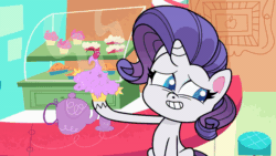 Size: 800x450 | Tagged: safe, imported from derpibooru, screencap, rarity, pony, unicorn, my little pony: pony life, spoiler:pony life s02e06, animated, fetish fuel, g4.5, gif, green face, pony life, teapot, the tiara of truth, vomit, vomiting