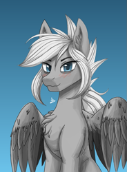 Size: 589x800 | Tagged: safe, artist:zachc, imported from derpibooru, oc, oc only, pegasus, blue eyes, blushing, chest fluff, concave belly, ear fluff, female, looking at you, simple background, slim, solo, thin, wings