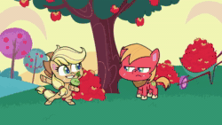Size: 1920x1080 | Tagged: safe, imported from derpibooru, screencap, applejack, big macintosh, earth pony, pony, my little pony: pony life, spoiler:pony life s02e07, abstract background, animated, apple, apple tree, bipedal, creepy, cute, duo, eenope, evil grin, female, food, freckles, g4.5, grin, hawthorne the third, jackabetes, male, mare, nope, orchard, plant, pony life, scared, smiling, sound, stallion, talking, terrorarium, tree, webm