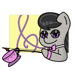 Size: 2100x2100 | Tagged: safe, artist:melodysketch, imported from derpibooru, octavia melody, earth pony, pony, bedroom eyes, bow (instrument), bowtie, cello bow, character:octavia melody, cup, cutie mark, cutie mark background, high res, simple background, simple shading, solo, species:earth pony, species:pony, teacup, transparent background