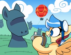Size: 2048x1575 | Tagged: safe, artist:coaldustthestrange, imported from derpibooru, oc, oc only, pegasus, pony, camera, easter island, goggles, hot air balloon, moai, open mouth, smiling, solo, statue