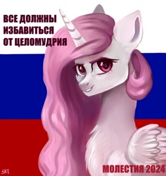 Size: 1000x1060 | Tagged: safe, artist:ske, imported from derpibooru, princess celestia, alicorn, pony, princess molestia, cyrillic, looking at you, pink-mane celestia, poster, propaganda, russian, russian flag, russian meme, solo