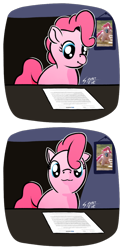 Size: 2000x4073 | Tagged: safe, artist:just steve, derpibooru exclusive, imported from derpibooru, pinkie pie, 2 panel comic, aboyada, exploitable meme, framed picture, looking at camera, looking at something, looking at you, meme, missing cutie mark, plushie, ponk, sat, simple background, sitting, tax evasion, two panels, warrant