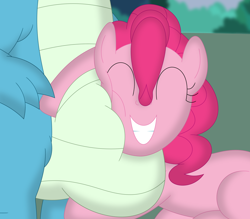 Size: 3534x3091 | Tagged: safe, artist:porygon2z, imported from derpibooru, pinkie pie, oc, oc:gutz, dragon, belly, belly hug, cheek squish, eyes closed, grin, high res, smiling, squishy cheeks