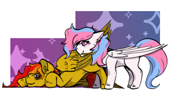 Size: 2500x1377 | Tagged: source needed, safe, artist:lamb-shack, imported from derpibooru, oc, oc:soder, oc:sunrise flair, pegasus, grooming, lying down, preening