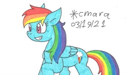 Size: 1108x651 | Tagged: safe, artist:cmara, imported from derpibooru, rainbow dash, pegasus, pony, female, grin, mare, raised hoof, simple background, smiling, solo, traditional art, white background