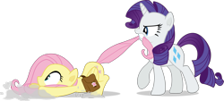 Size: 4411x2000 | Tagged: safe, artist:frownfactory, imported from derpibooru, fluttershy, rarity, pegasus, pony, unicorn, putting your hoof down, season 2, bag, biting, cutie mark, dust, female, horn, mare, mouth hold, saddle bag, simple background, tail, tail bite, tail pull, transparent background, vector, wings