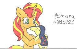 Size: 1069x678 | Tagged: safe, artist:cmara, imported from derpibooru, sunset shimmer, cyndaquil, pony, unicorn, crossover, female, holding, mare, pokémon, raised hoof, simple background, solo, traditional art, white background