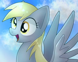 Size: 1276x1010 | Tagged: safe, artist:namaenonaipony, imported from derpibooru, derpy hooves, pegasus, pony, open mouth, sky, smiling, solo, spread wings, wings