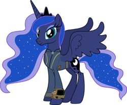 Size: 1280x1056 | Tagged: safe, artist:andoanimalia, artist:ponygamer2020, imported from derpibooru, princess luna, alicorn, pony, fallout equestria, absurd resolution, clothes, crown, fallout, female, jewelry, jumpsuit, mare, pipboy, regalia, simple background, smiling, solo, transparent background, vault suit, vector