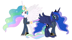 Size: 5360x3008 | Tagged: safe, artist:andoanimalia, artist:ponygamer2020, imported from derpibooru, princess celestia, princess luna, alicorn, fallout equestria, absurd resolution, clothes, crown, duo, fallout, female, jewelry, jumpsuit, pipboy, regalia, royal sisters, siblings, simple background, sisters, smiling, transparent background, vault suit, vector