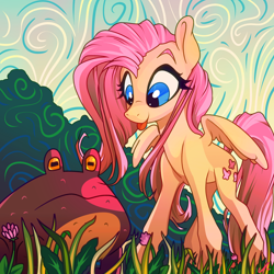 Size: 3150x3150 | Tagged: safe, artist:docwario, imported from derpibooru, fluttershy, frog, pegasus, pony, cute, flower, glass, grass, high res, shyabetes, solo, tongue out