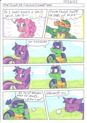 Size: 1628x2288 | Tagged: safe, artist:cmara, imported from derpibooru, pinkie pie, twilight sparkle, alicorn, anthro, earth pony, pony, turtle, bandana, comic, crossover, donatello, eyes closed, female, goggles, male, mare, michelangelo, open mouth, rise of the teenage mutant ninja turtles, sigh, singing, smile song, teenage mutant ninja turtles, traditional art, twilight sparkle (alicorn)