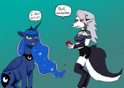 Size: 1280x912 | Tagged: safe, artist:wolfman-al, imported from derpibooru, princess luna, alicorn, anthro, demon, hellhound, pony, chest fluff, crossover, dialogue, fanart, helluva boss, looking at you, loona (helluva boss), midriff, namesake, pentagram, pun, simple background, speech bubble, teal background, visual pun, word balloon