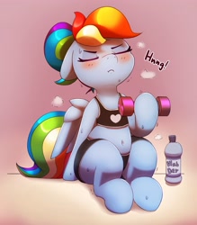 Size: 2752x3138 | Tagged: safe, artist:pabbley, imported from ponybooru, rainbow dash, pegasus, pony, belly button, blushing, chubby, clothes, dumbbell (object), ears, exercise, eyes closed, female, floppy ears, lifting, mare, plump, raised hoof, raised leg, shorts, sitting, solo, sports bra, sports shorts, steam, sweat, water bottle