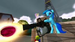 Size: 1920x1080 | Tagged: safe, artist:wapamario63, imported from ponybooru, fluttershy, oc, oc:frost bright, earth pony, pony, 3d, box, female, food, gmod, mare, melon, minigun, outdoors, shooting, small companion horse, team fortress 2, weapon