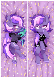 Size: 2600x3644 | Tagged: safe, artist:hawthornss, edit, imported from ponybooru, oc, oc only, oc:midnight mist, oc:sugar spirits, bat pony, pony, bandage, body pillow, body pillow design, butt, clothes, fluffy, grumpy, looking at you, unshorn fetlocks